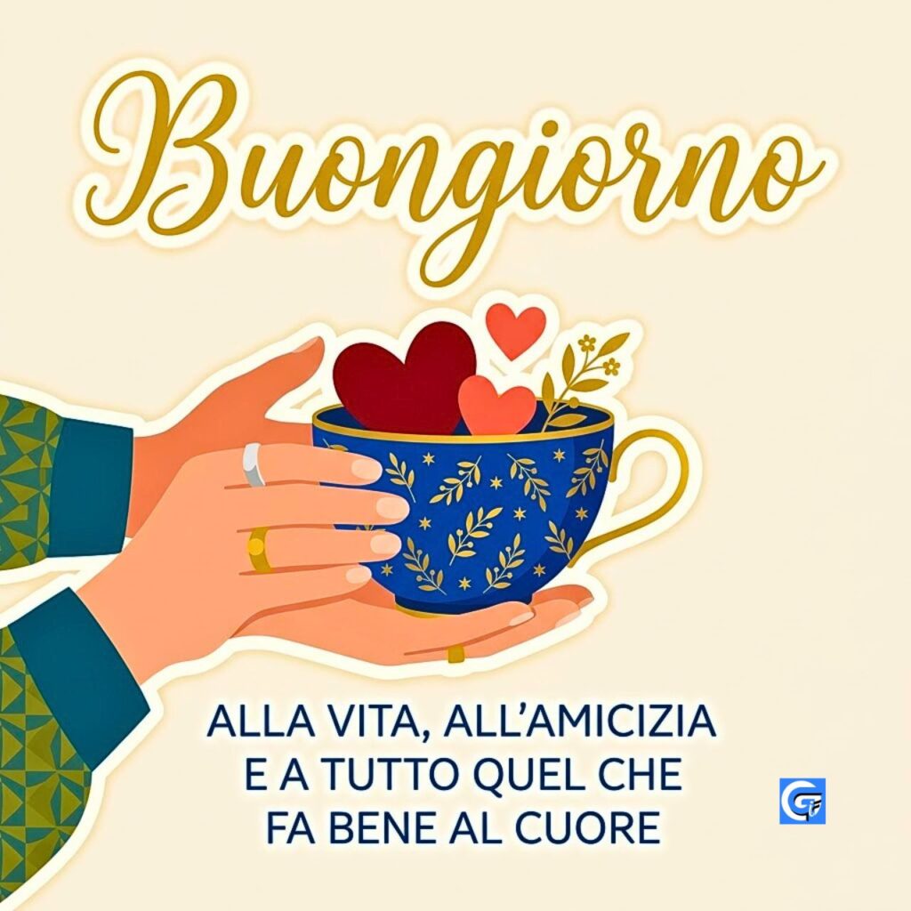 Tazza blu con cuori tenuta da mani, scritte gold Buongiorno e testo alla vita amicizia.