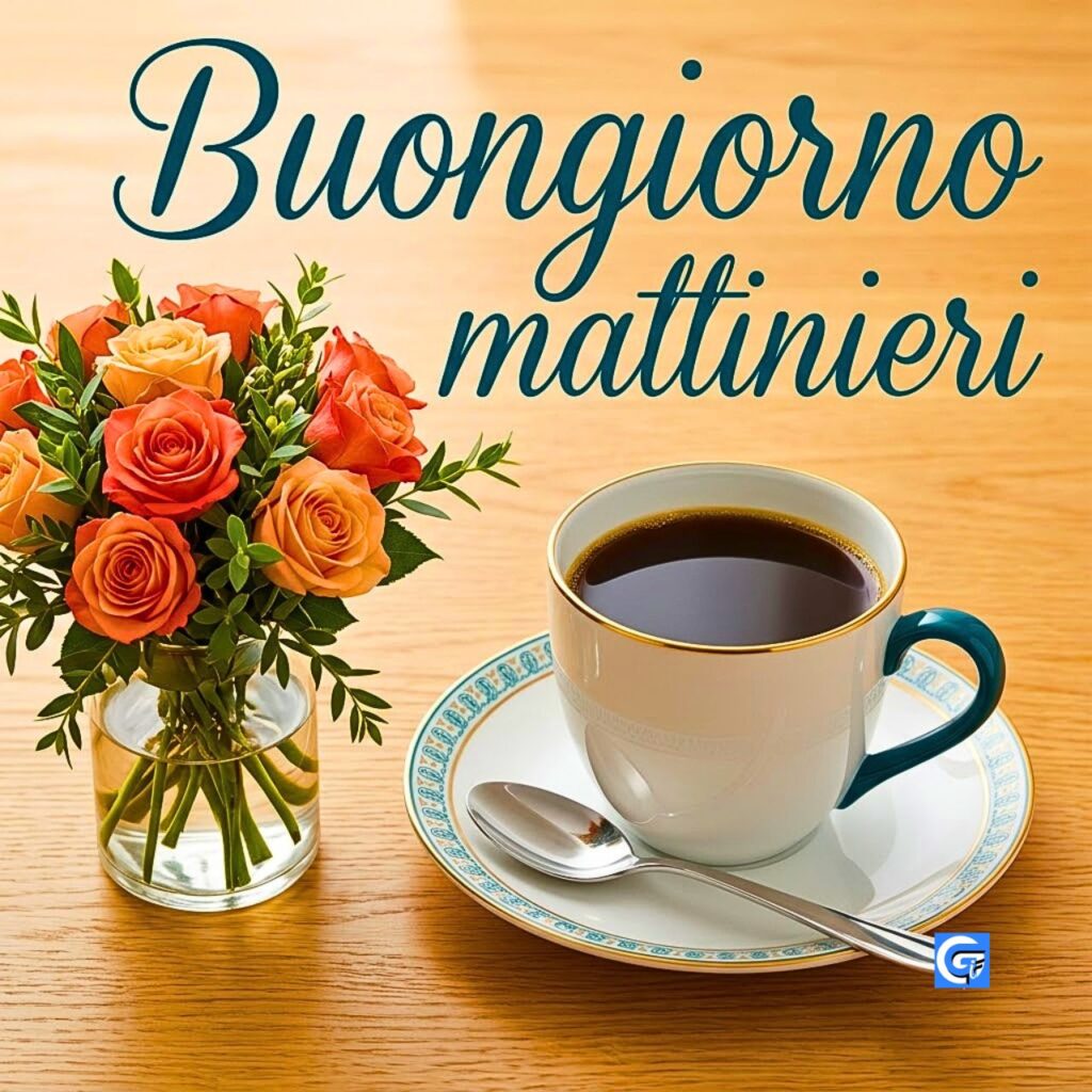 Un caff&egrave; con manico color teal accanto a un bouquet di rose corallo.