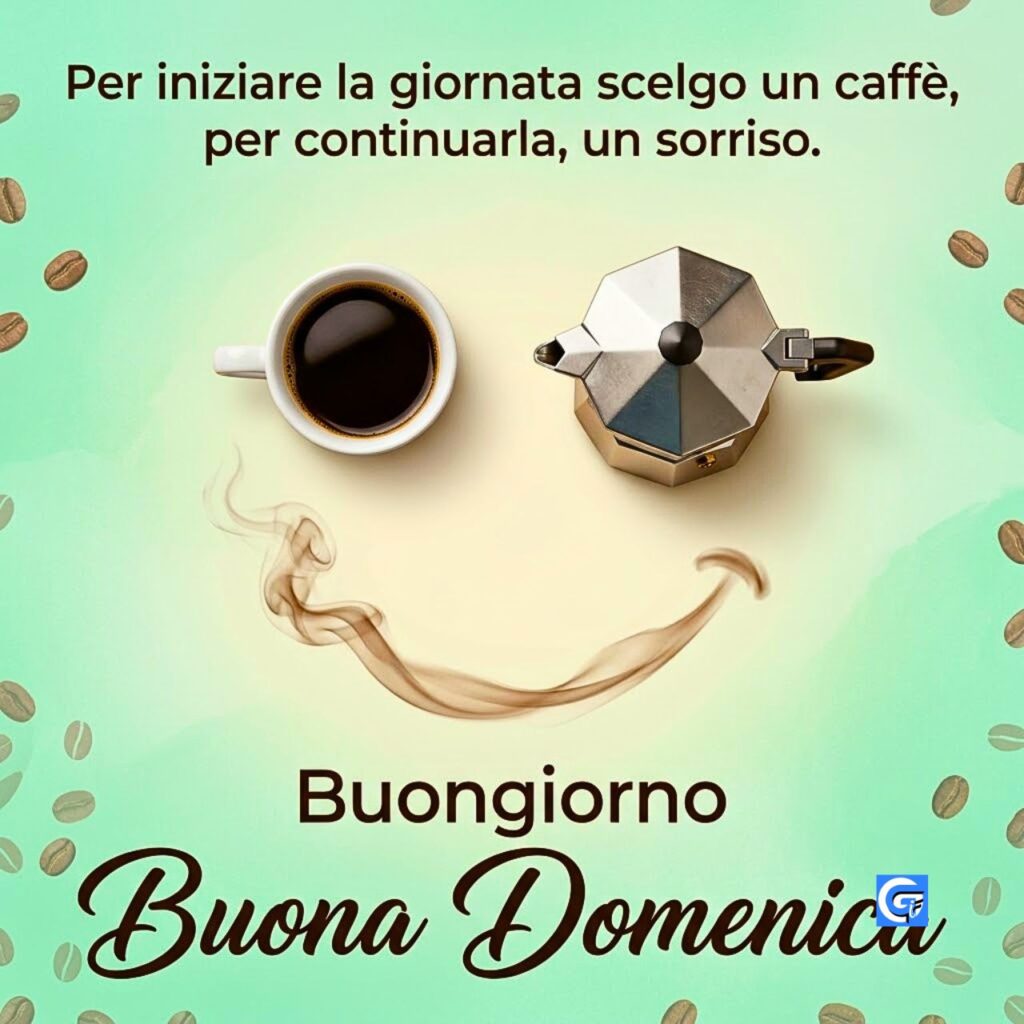 Caff&egrave; nero e moka pot a forma di sorriso su sfondo verde chiaro con testo Buona Domenica.