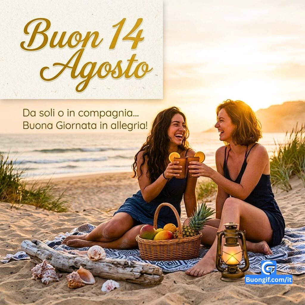 Due donne brindano con ceramiche su una spiaggia al tramonto con la scritta "Buon 14 Agosto".