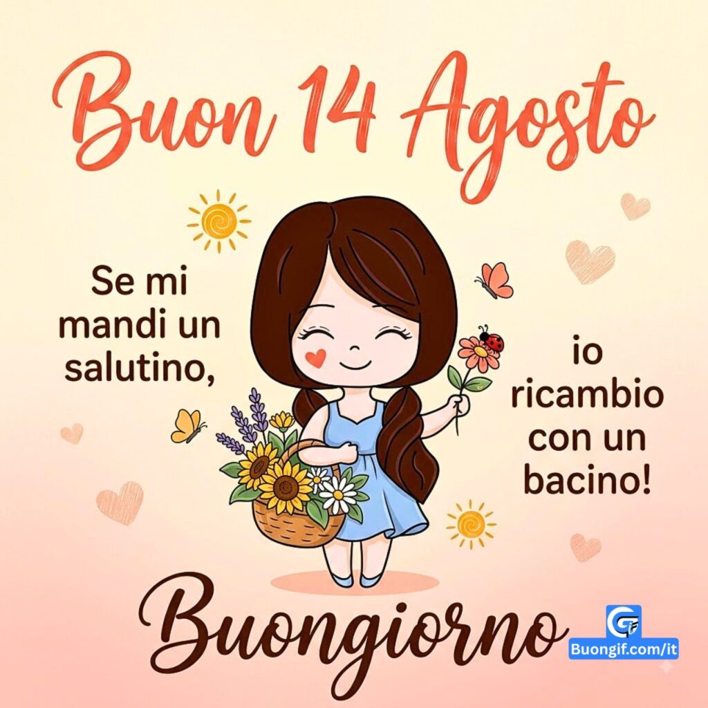 Illustrazione chibi estate con testo Buon 14 Agosto, saluto e bacino
