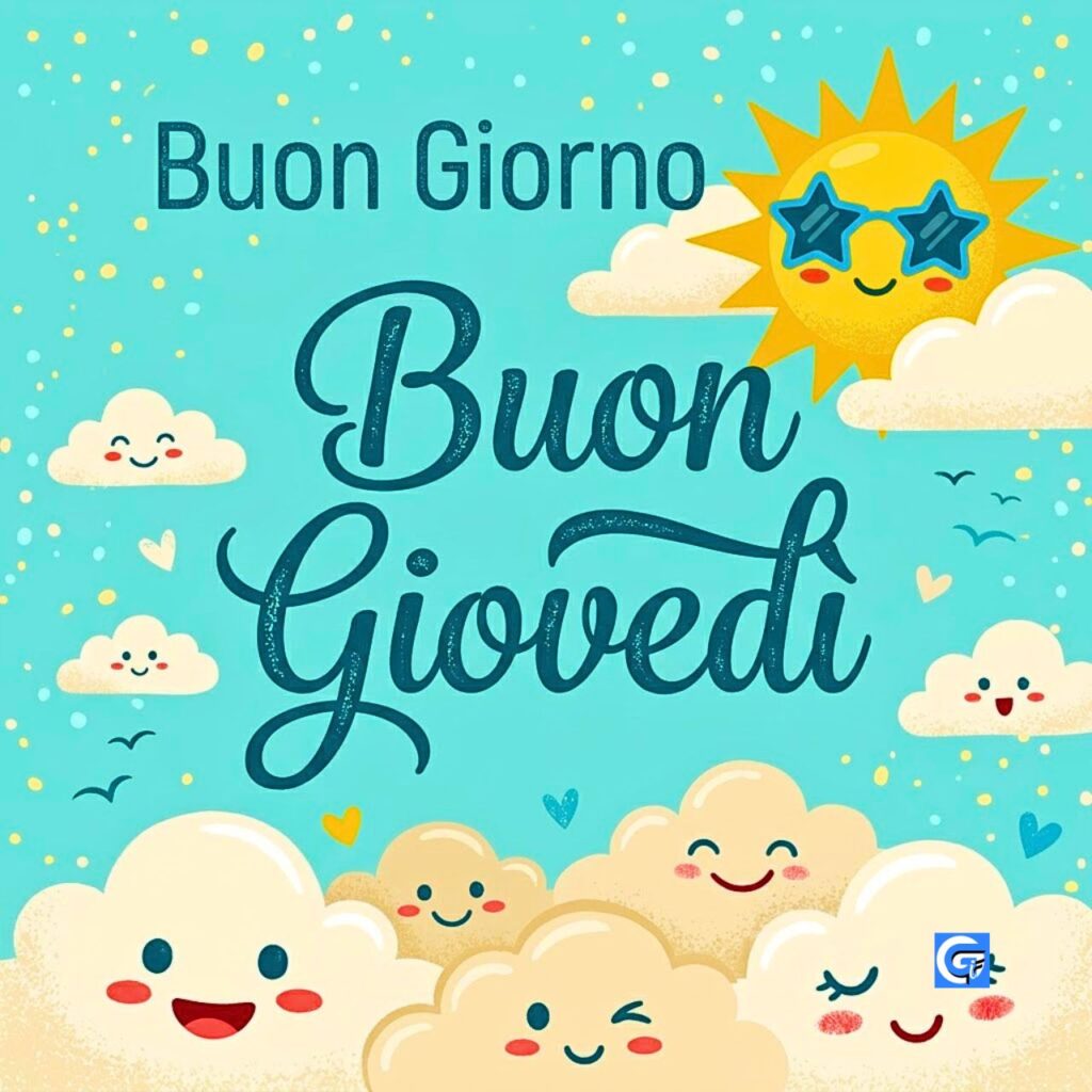 Illustrazione vettoriale di un sole felice con occhiali da sole e nuvole con la scritta Buon Giovedì.