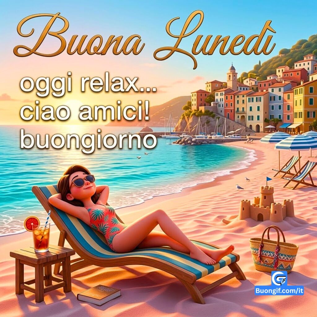 Una donna stilizzata in 3D si rilassa sulla spiaggia con il testo 'Buona Luned&igrave;' e 'oggi relax... ciao amici! buongiorno'.