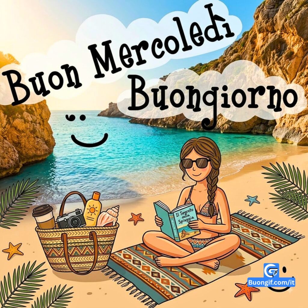 Cartolina illustrata con donna che legge su una spiaggia e la scritta "Buon Mercoledì".