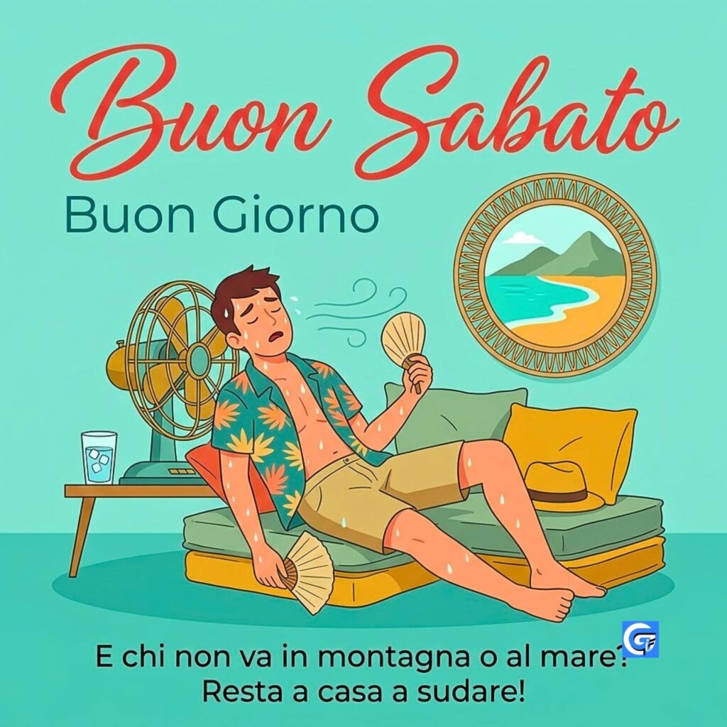 Uomo che suda su cuscini, ventilatore e scritte Buon Sabato, Buon Giorno