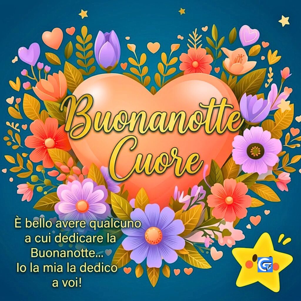 Cartolina vettoriale con cuore centrale, ghirlanda di fiori, stella kawaii e testo "Buonanotte Cuore".