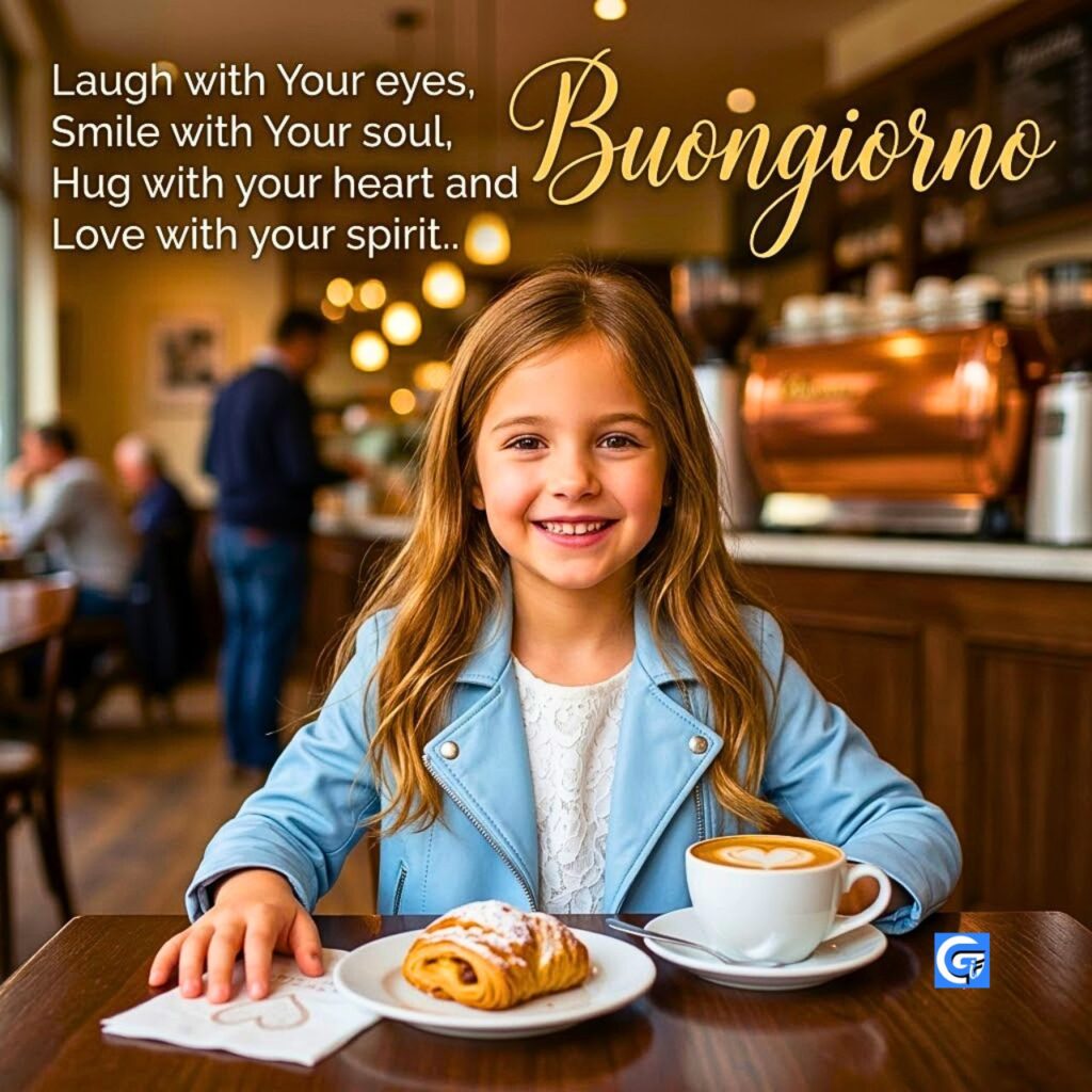 Bambina sorridente al bar con caff&egrave;, croissant e testo Buongiorno