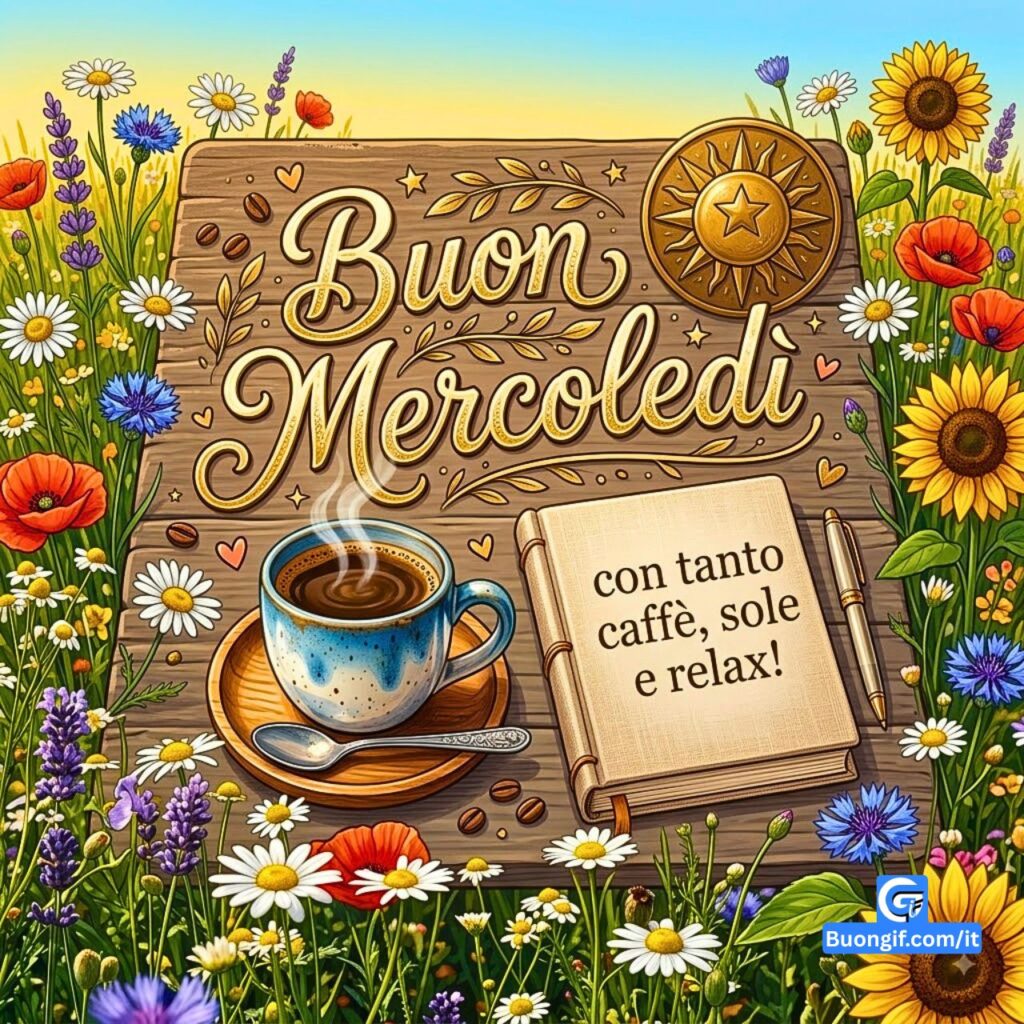 Tavolo colazione tra fiori di campo con scritta Buon Mercoledì e tazza di caffè fumante