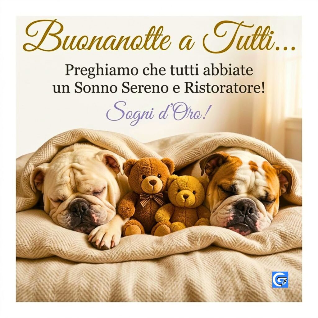 Cani bulldog addormentati con orsacchiotti, testo Buonanotte a Tutti, Sogni d'Oro, preghiera di sonno.