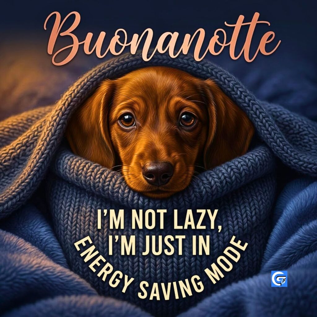 Cucciolo bassotto in coperta blu, con scritte "Buonanotte" e "I'm not lazy, I'm just in energy saving mode".