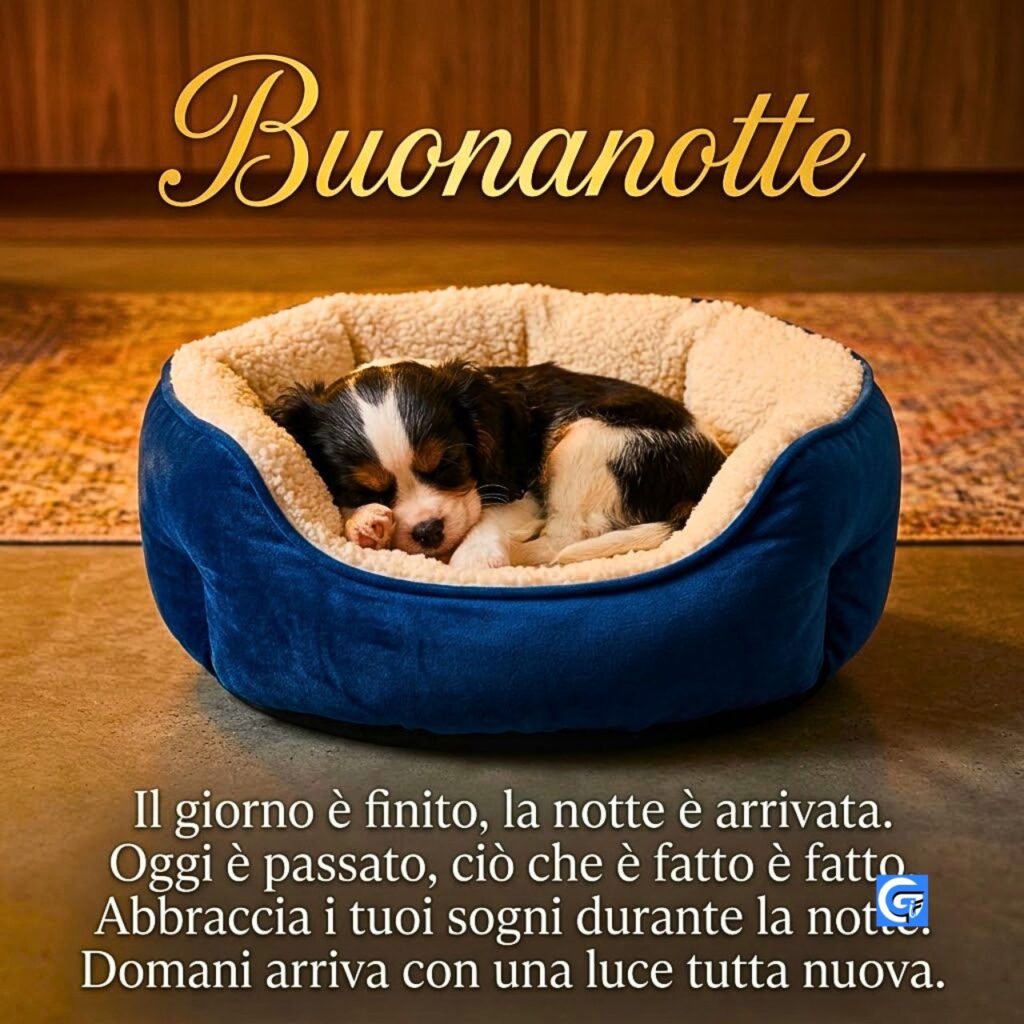 Cucciolo tricolor addormentato in un letto blu. Testo: Buonanotte e citazione sulla fine del giorno e luce nuova.