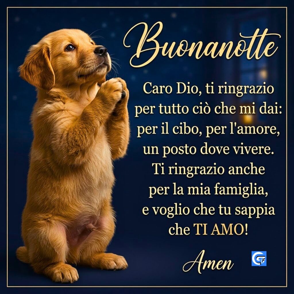 Tenero cucciolo Golden Retriever in preghiera, scritte 'Buonanotte', 'Caro Dio...' e 'Amen'.