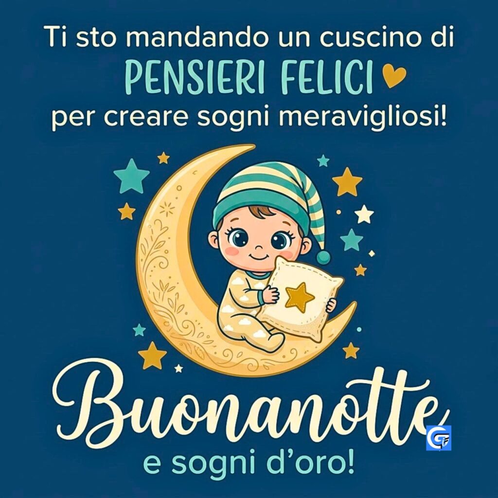 Illustrazione di un neonato che dorme sulla luna con la scritta Buonanotte e sogni d'oro.