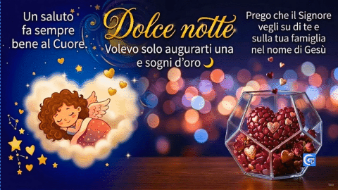 Angelo bambino dorme su nuvola a forma di cuore con testo italiano 'Dolce notte' e vaso geometrico di cuori.