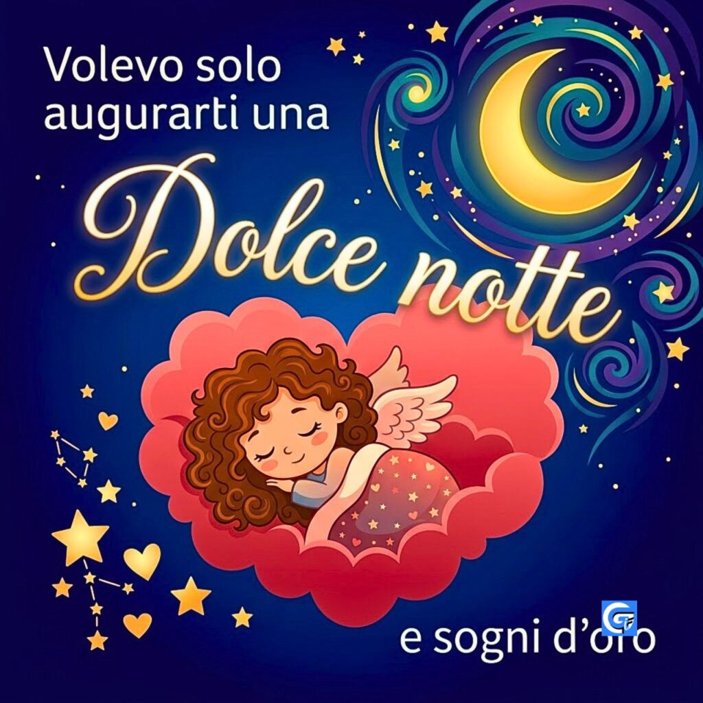 Un angelo custode con capelli ricci dorme serenamente dentro un cuore rosa circondato da stelle d'oro e luna.
