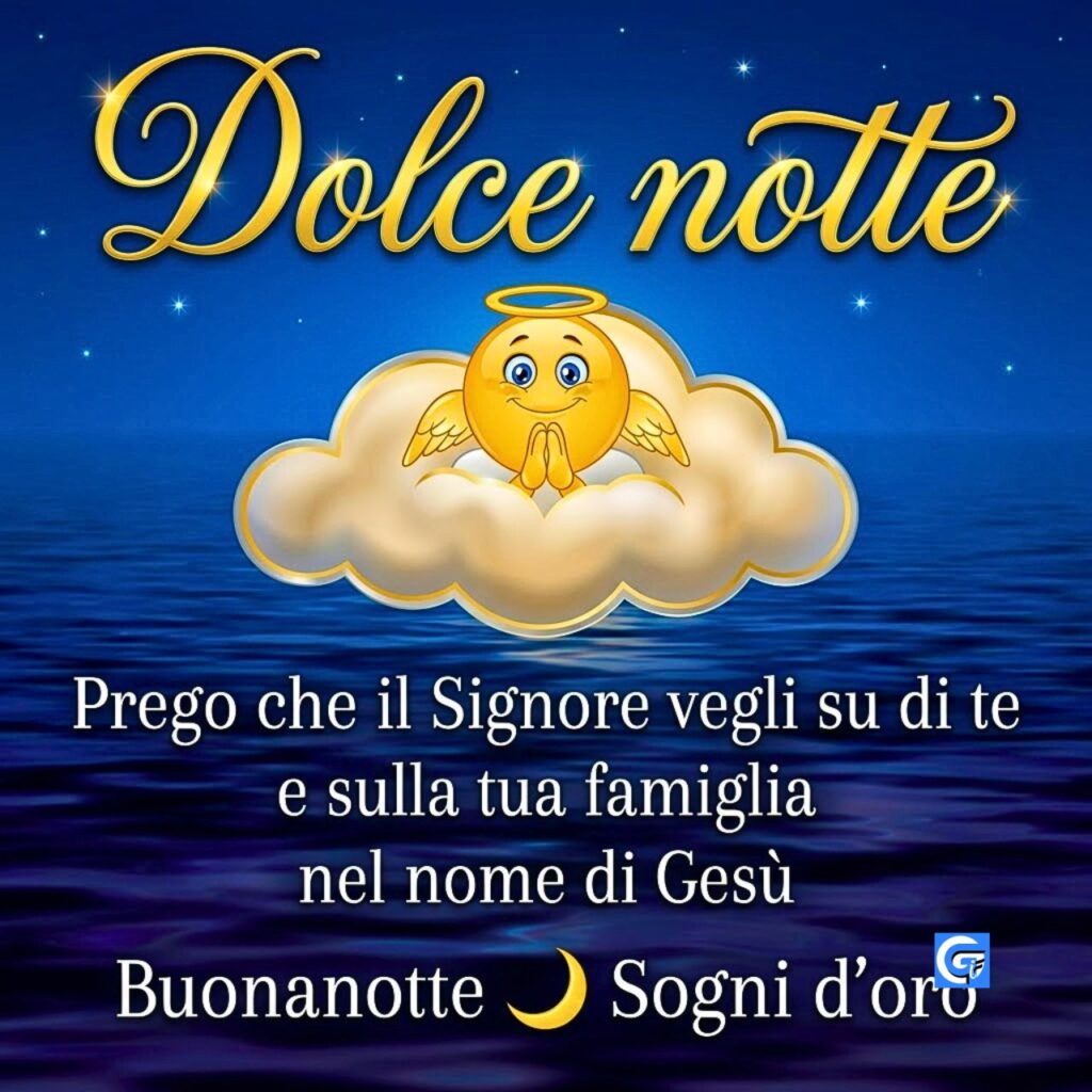 Un angelo emoji prega su un cielo stellato blu notte con testo Dolce notte.