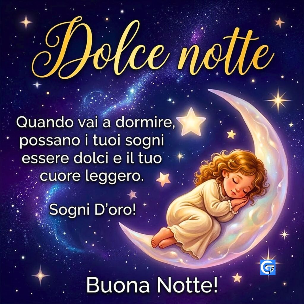 Bambina addormentata su una luna d'opale sotto un cielo stellato con scritte "Dolce notte", "Buona Notte", "Sogni D'oro".