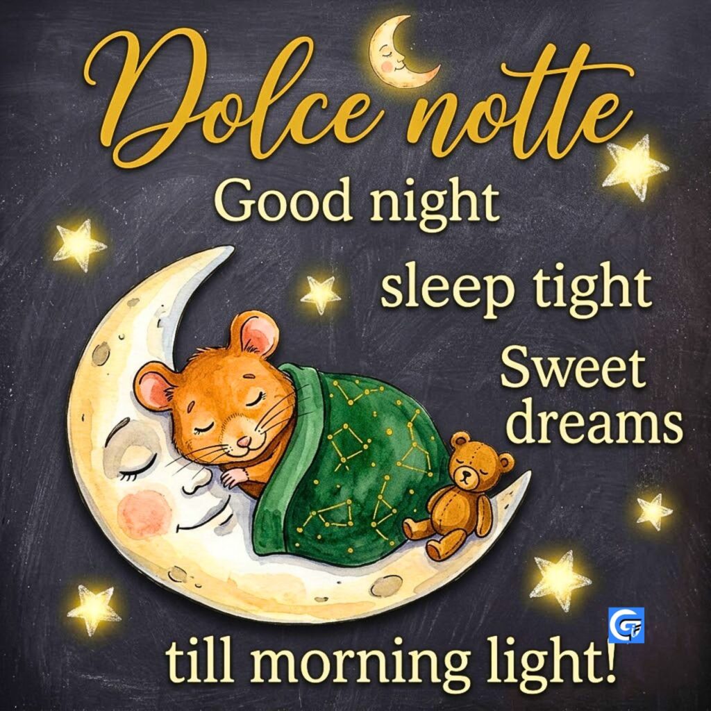 Una luna-lettorino con un ghiro dormiente, un orsetto e la frase "Dolce notte".