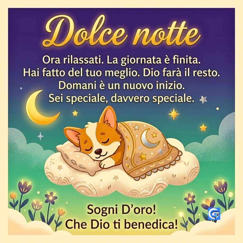 Dolce notte e benedizione divina su un cagnolino che dorme sotto una luna crescente e stelle.