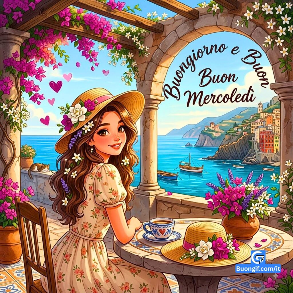 Donna sorridente su terrazza fiorita con vista mare, testo "Buongiorno e Buon Mercoledì".