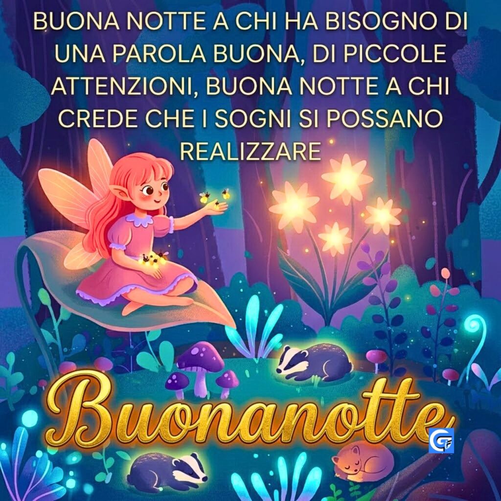 Fata con lucciole nel bosco magico con animali dormienti. Testo 'Buonanotte' e poesia 'Buona notte a chi ha bisogno...'.