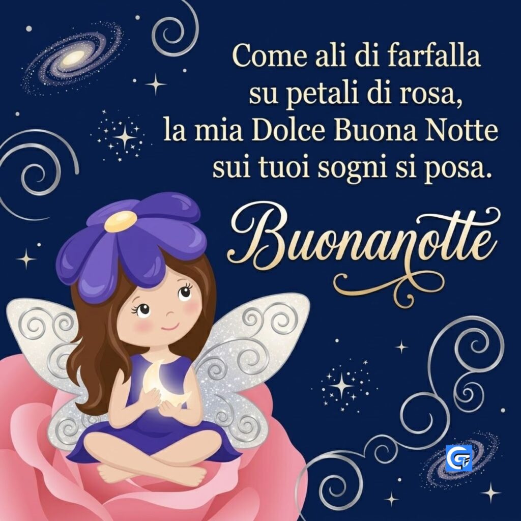 Fata su rosa rosa con luna e testo Dolce Buona Notte e Buonanotte.