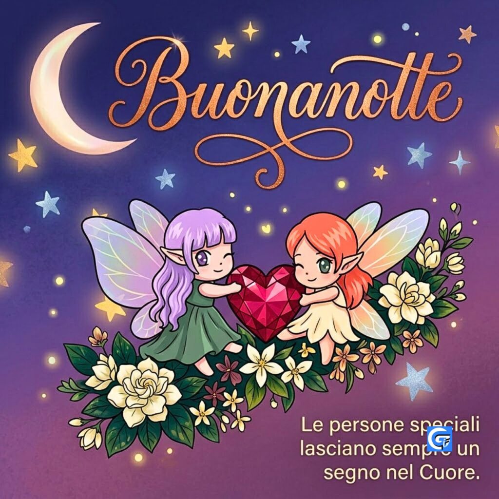 Fate e cuore di rubino sotto stelle con testi Buonanotte e Sogni d'oro.