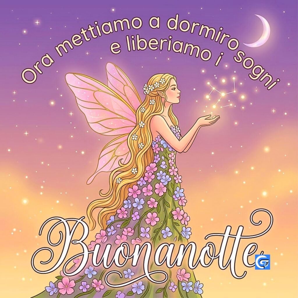 Fata con abito floreale sotto la luna con il testo "Buonanotte" e "Ora mettiamo a dormire...".