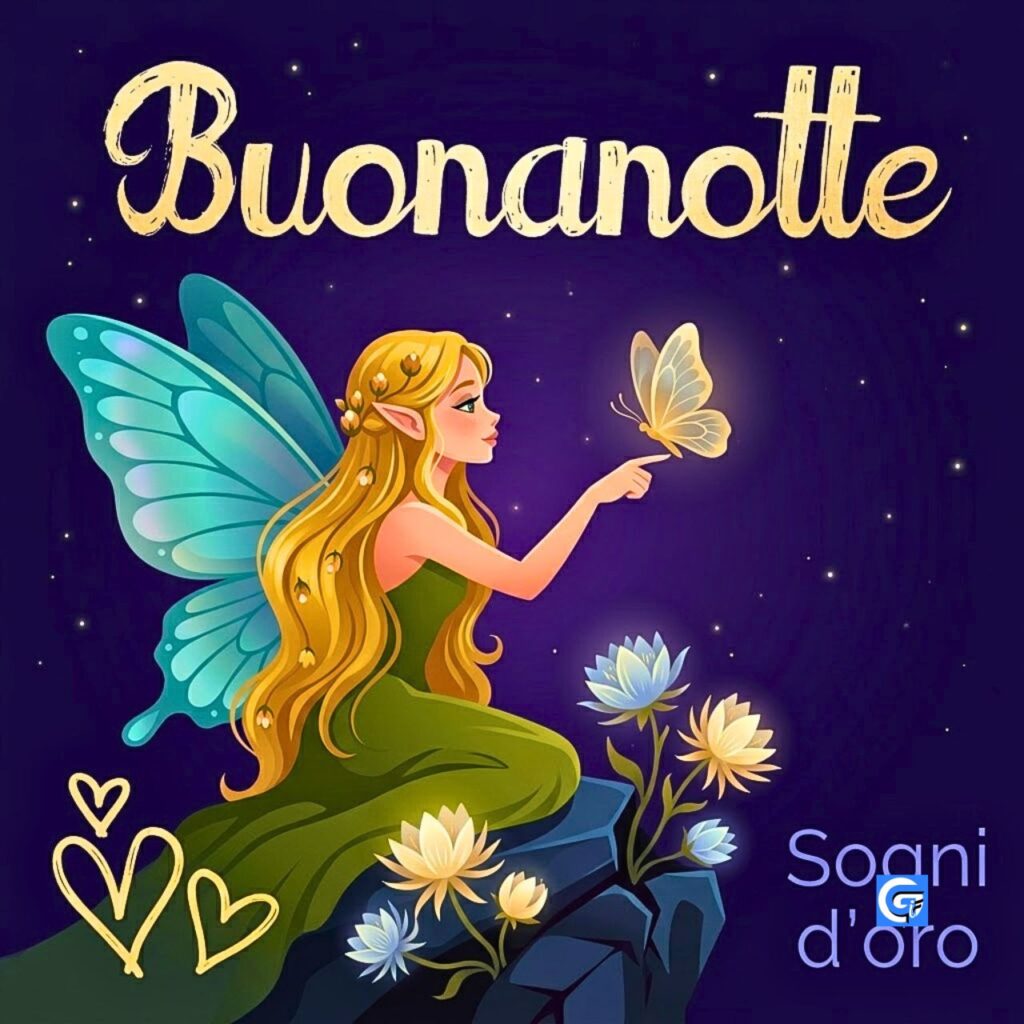 Fata con lunghe chiome bionde e ali turchesi su roccia con fiori notturni e testo Buonanotte.