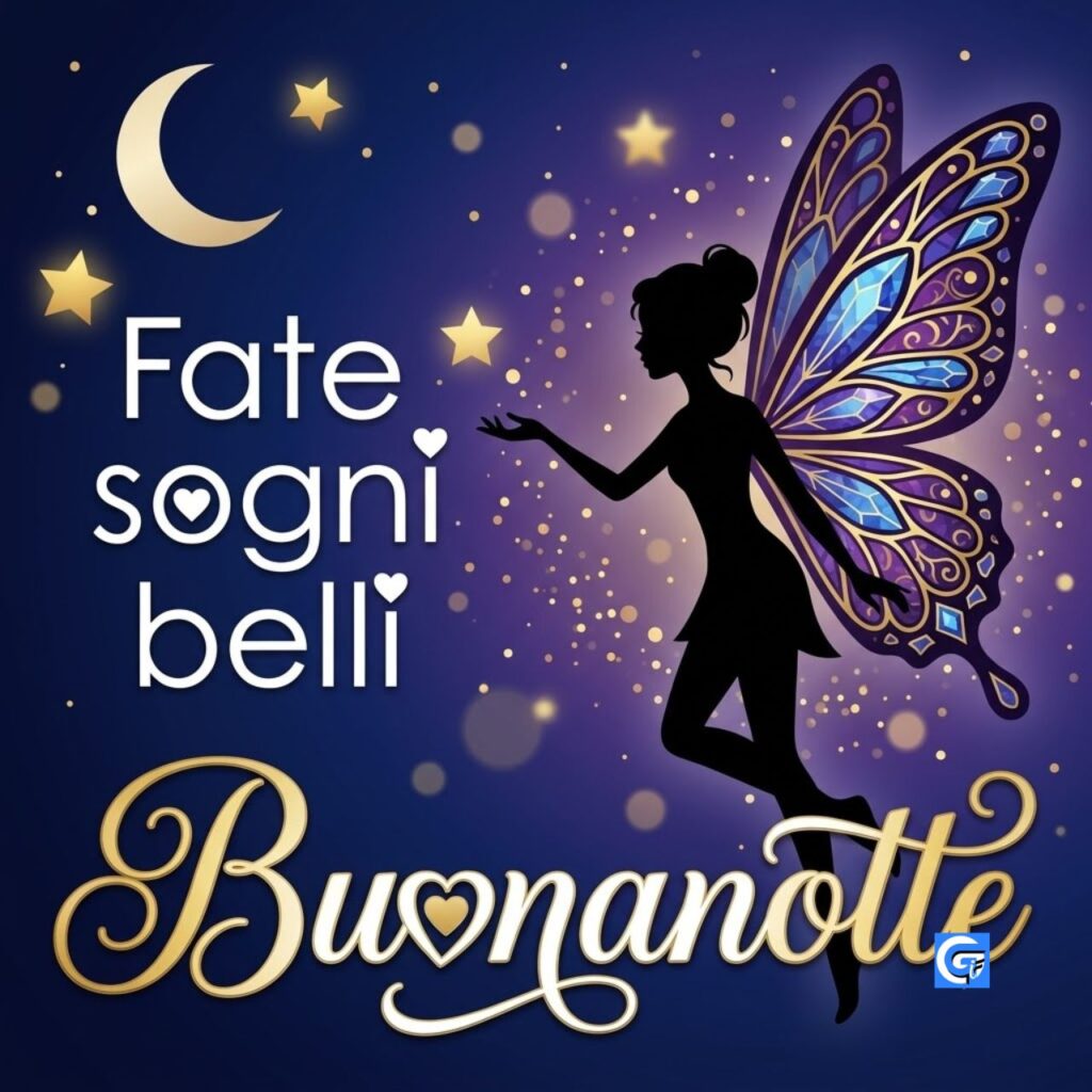 Sagoma di fata con ali di farfalla tra stelle e luna, testo Fate sogni belli Buonanotte.