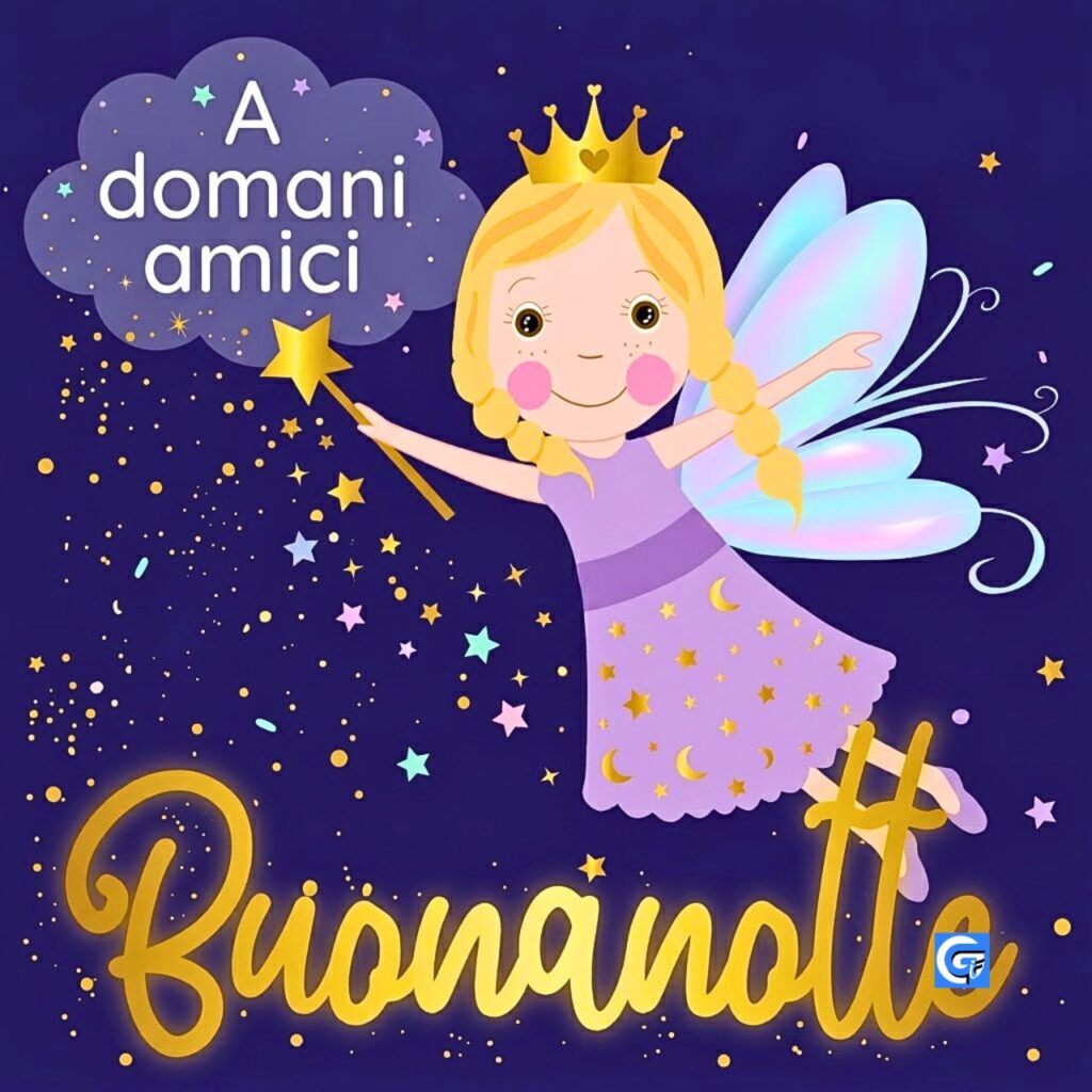 Fata principessa su sfondo stellato con testo 'A domani amici' e 'Buonanotte'.