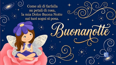 Fata con ali scintillanti seduta su rosa rosa sotto cielo notturno con testo Buonanotte.