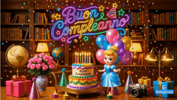 Bambola di Cenerentola con palloncini, torta arcobaleno e insegna al neon Buon Compleanno.