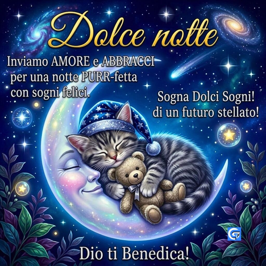 Gattino dormiente con orsetto sulla luna e il testo "Dolce notte" e "Dio ti Benedica!".