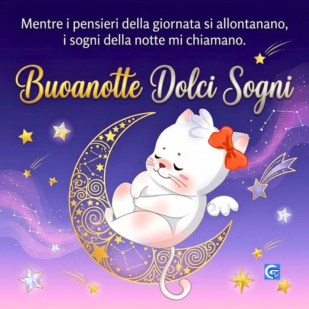 Gattino angelo che dorme sulla luna oro, stelle, testo "Buonanotte Dolci Sogni".