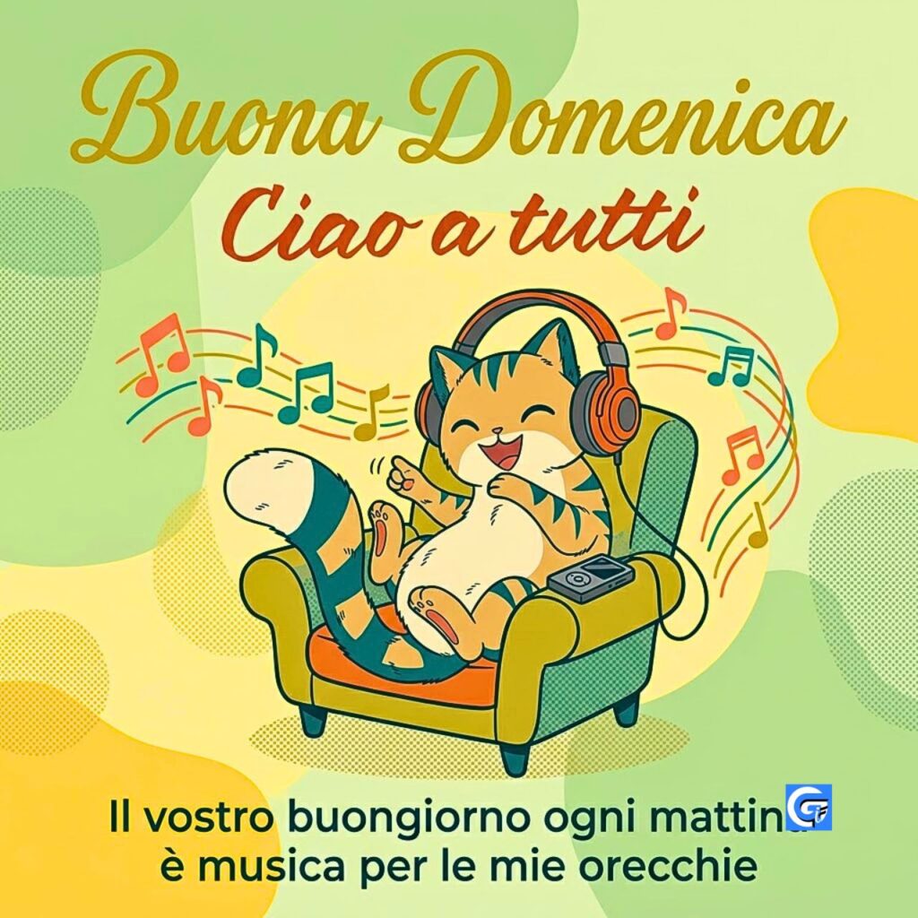 Un gatto con cuffie e lettore MP3 circondato da note musicali, con il testo 'Buona Domenica', 'Ciao a tutti' e una citazione.