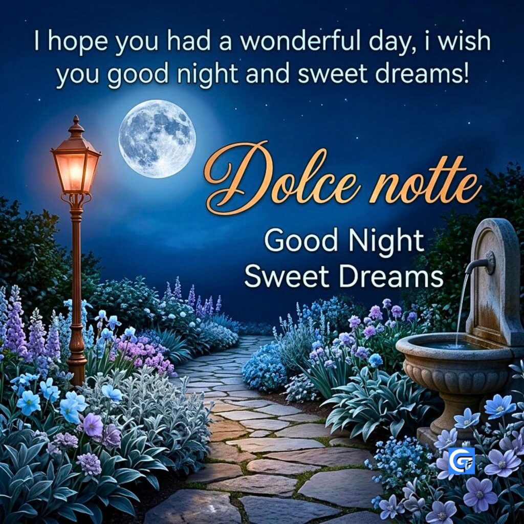 Giardino notturno con sentiero fiorito, luna, fontana, lampione e testo 'Dolce notte' e 'Good Night Sweet Dreams'.