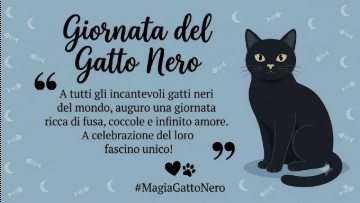 Gatto nero seduto tra lune e pesci con testo Giornata del Gatto Nero.