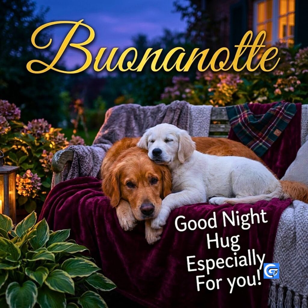 Due cani golden retriever si abbracciano su panca con coperte e scritte Buonanotte e Good Night Hug.