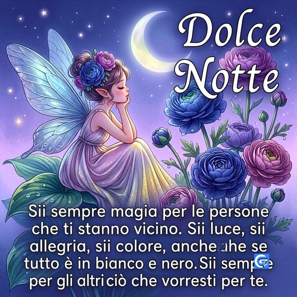 Fata alata tra ranuncoli sotto la luna con scritta Dolce Notte e testo completo.