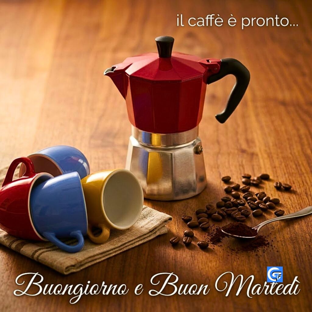 Moka pot, scattered colorful cups, and the text "Buongiorno e Buon Marted&igrave;".