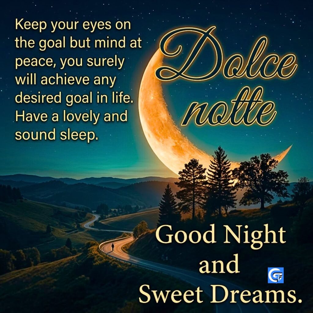 Una monumentale luna crescente e un albero solitario con il testo Dolce notte.