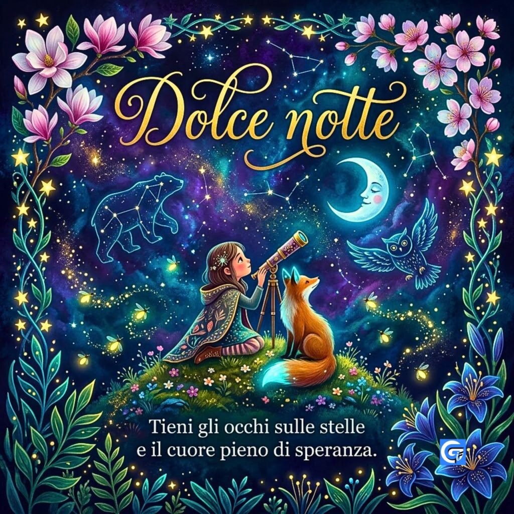 Ragazza con telescopio e volpe sotto le stelle, con la scritta "Dolce notte".