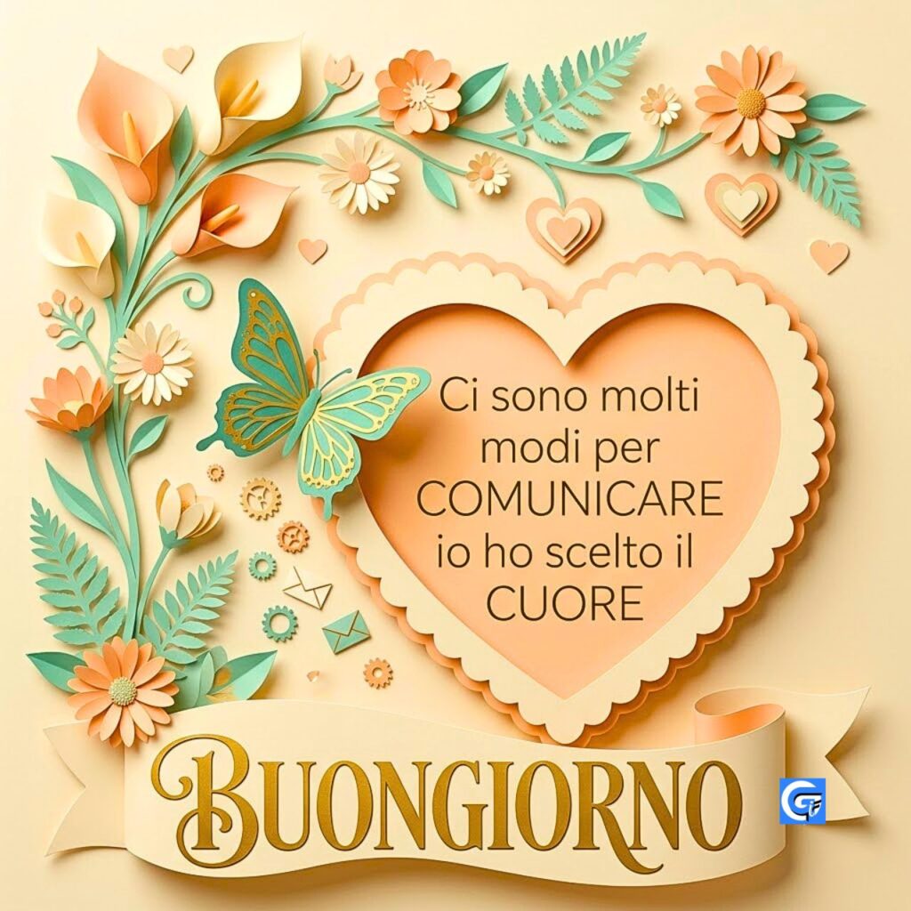 Illustrazione papercut con cuore scalloped, fiori, farfalla, e scritte 'Ci sono molti modi per COMUNICARE...' e 'Buongiorno'