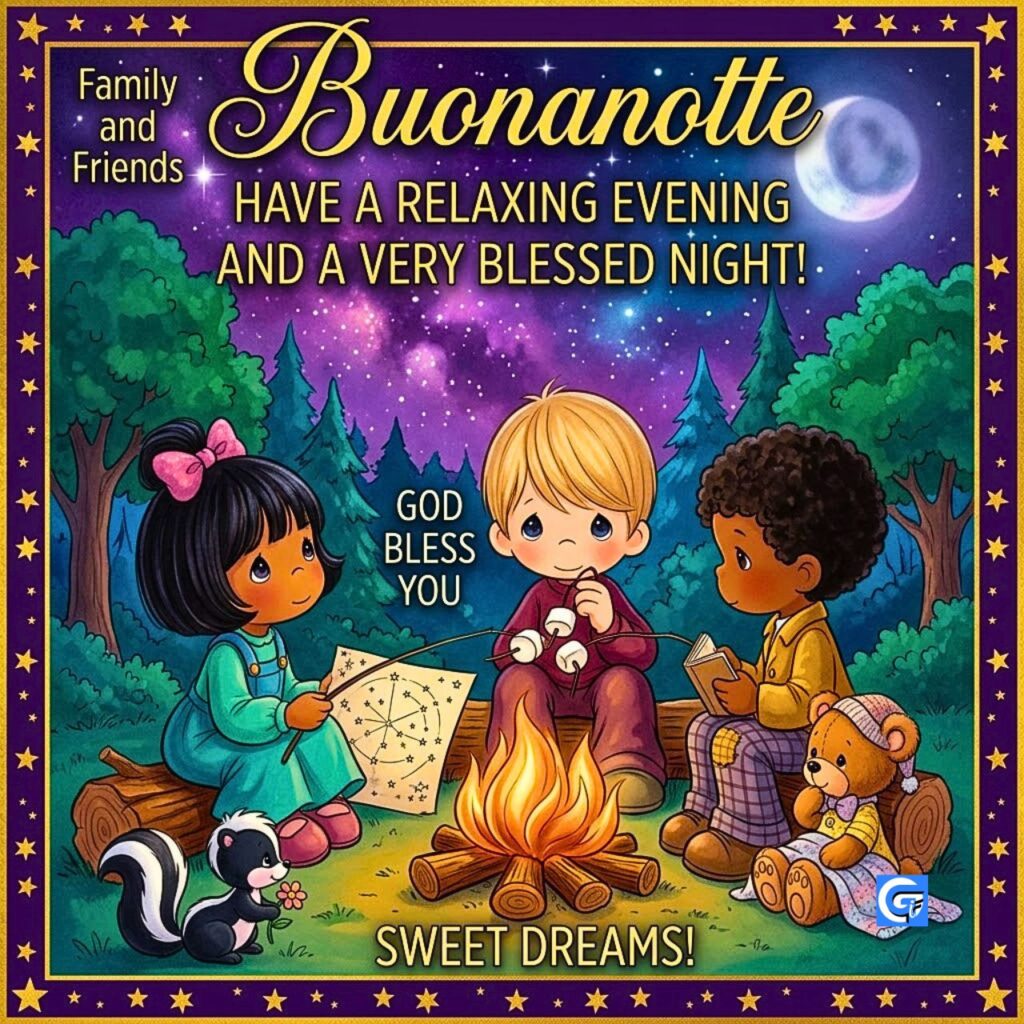 Tre bambini Precious Moments intorno a un fal&ograve; con testo Buonanotte e Sogni d'oro
