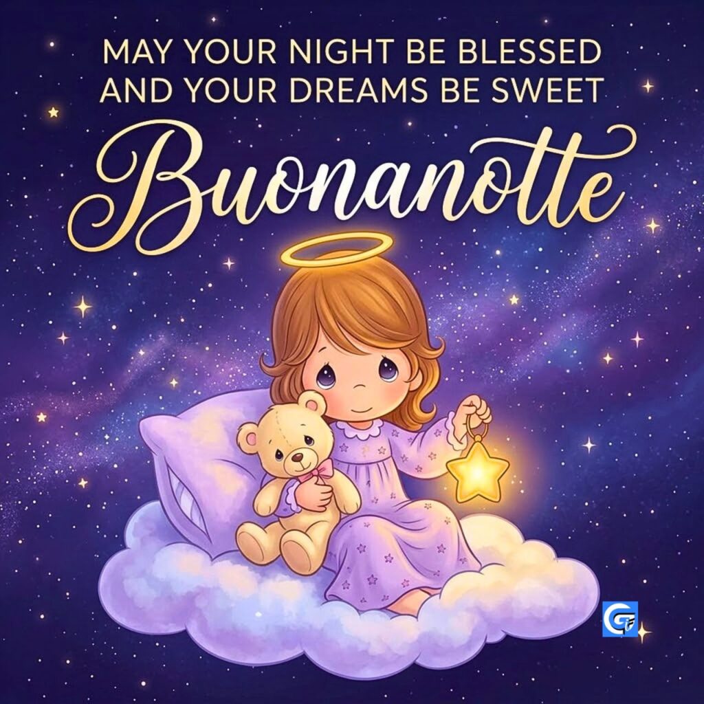 Angelo Precious Moments con orsetto su nuvola, lanterna a stella, scritte in inglese e grande "Buonanotte" dorata.