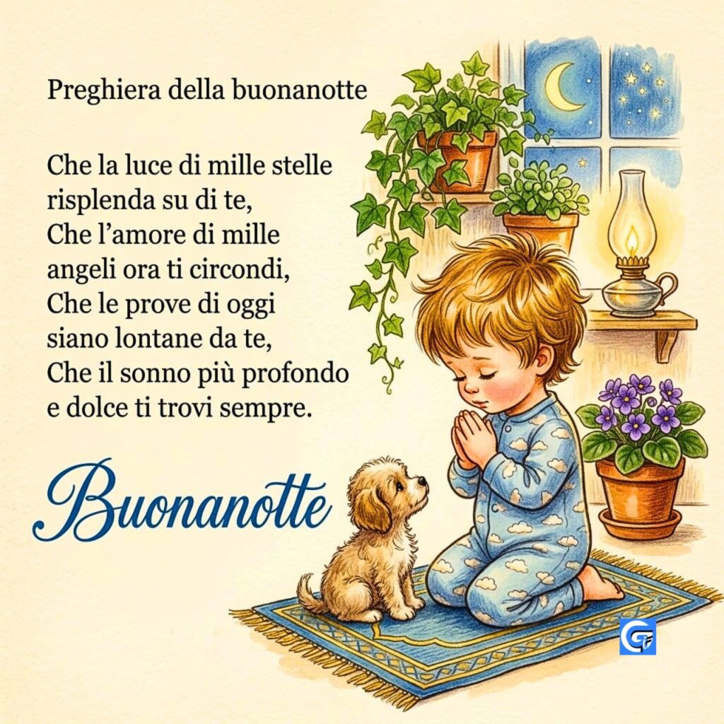Illustrazione di bambino e cucciolo che pregano con testo: Preghiera della buonanotte e Buonanotte.