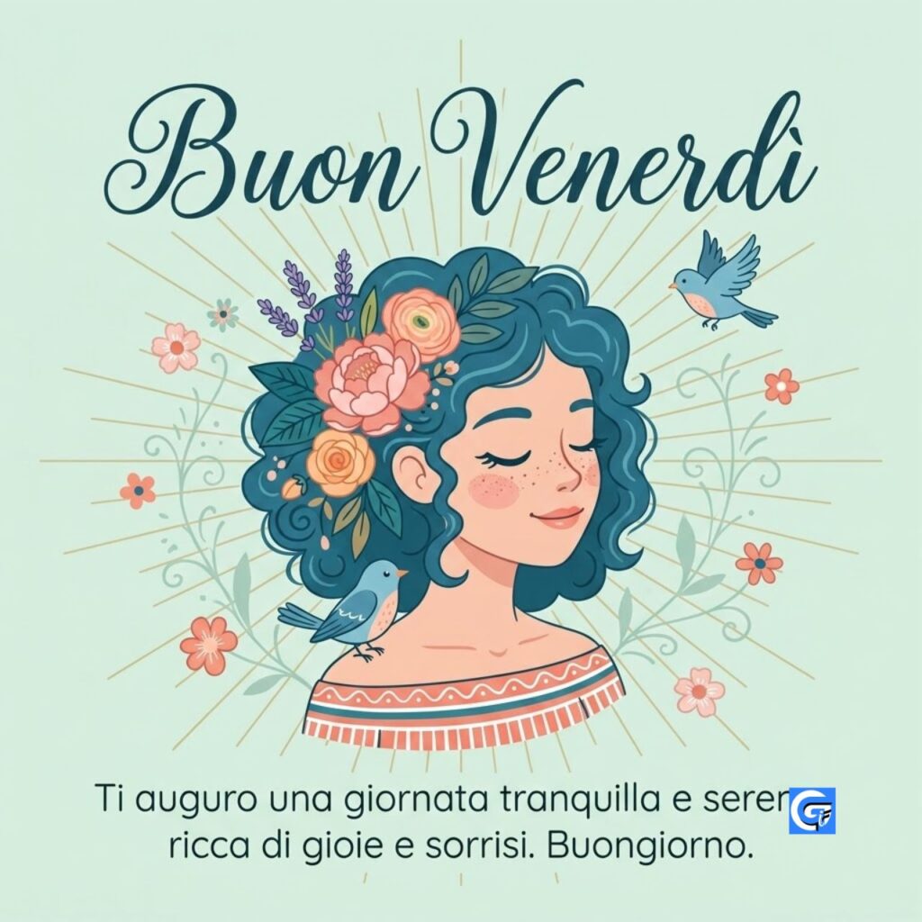 Ragazza vettoriale con fiori e testo Buon Venerd&igrave; e un augurio sereno