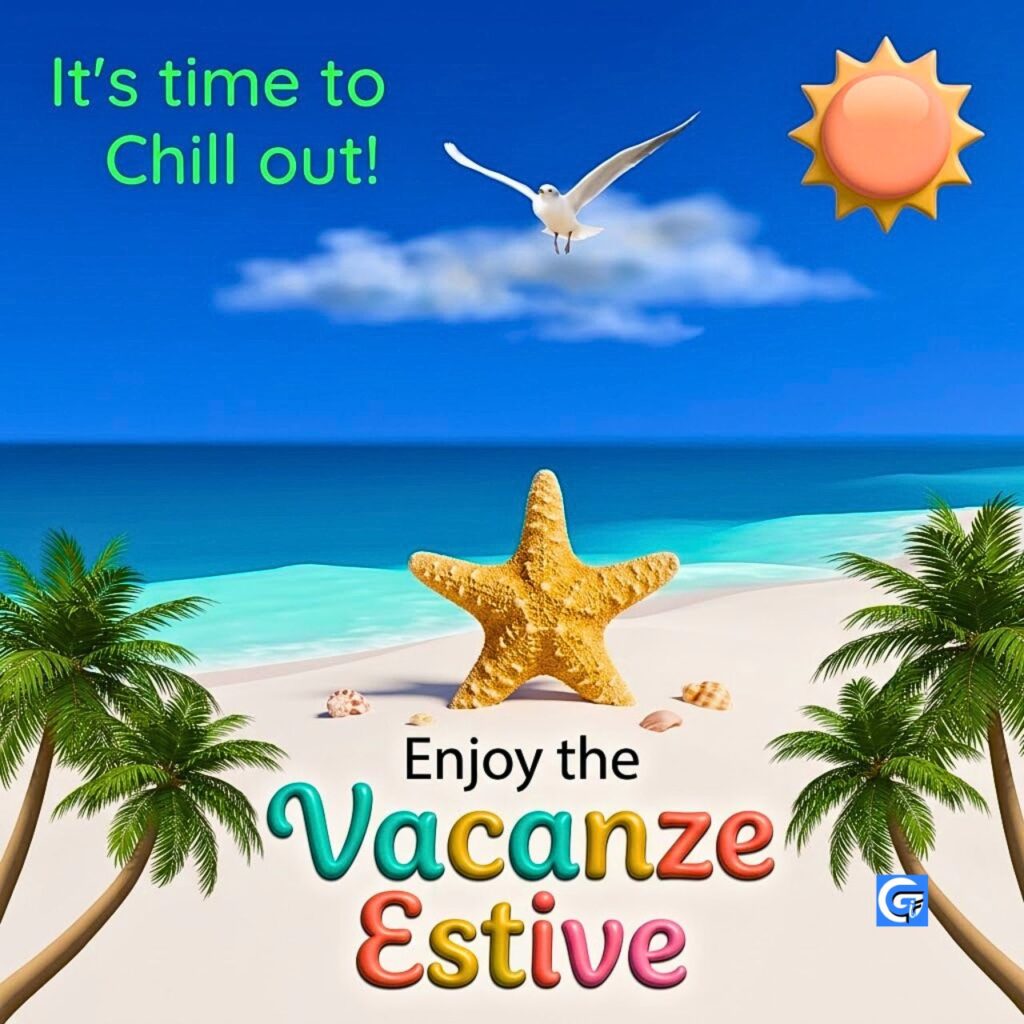 Spiaggia tropicale con stella marina, palme e testo It's time to Chill out! Enjoy the Vacanze Estive.