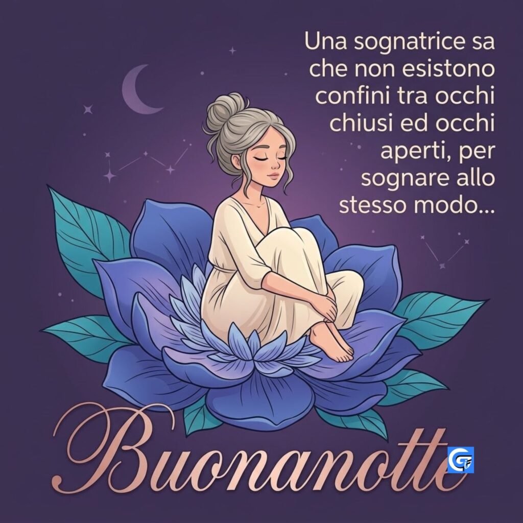 Donna medita su loto viola, notte stellata, con testi "Buonanotte" e "Una sognatrice sa..."